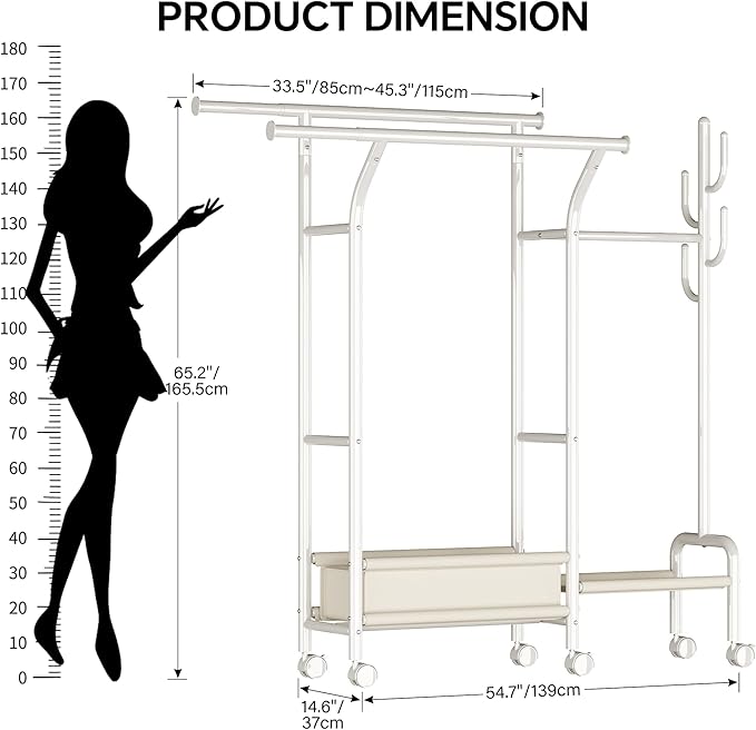 Homeiju Heavy Duty Clothes Rack Load 500LBS, Three Rods Clothing Racks for Hanging Clothes Extendable, Rolling Garment Rack with Sturdy Wheels, Basket, Storage Shelves, White