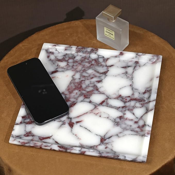 DUANYAN Natural Marble Tray, Coffee Table, Food, Fruit, Paper Cup, Cake Display, Coffee bar, Family Gatherings, Seasonal Holiday Decoration Tray(Viola-square-9.8"x9.8"x0.7")