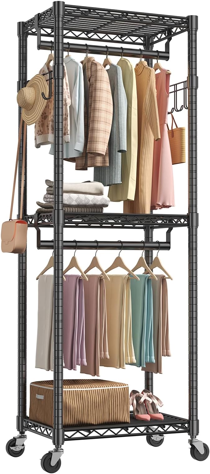 OLIXIS Clothes Rack Heavy Duty Adjustable Garment Clothing Rack with Wheels, Rolling Metal Freestanding Closet Organizer for Hanging Clothes with 2 Side Hooks, Double Rods, 23" x 15" x 75", Black