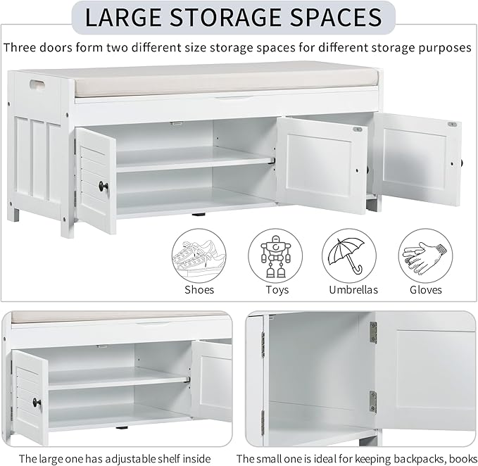 SOFTSEA Upholstered Storage Ottoman with Removable Cushion, Wooden Entryway Bench with 3 Shutter-Shaped Doors and Hidden Storage Space, Shoe Bech for Entreyway, Living Room, White with Beige Cushion