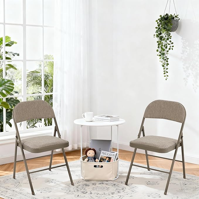 DUMOS 2 Pack Folding Chairs with Padded Cushion and Back - Fabric Stackable Portable Dining Chairs Set, for Home and Office, Conference, Wedding, Party, Patio, Garden, for Indoor Outdoor, Khaki