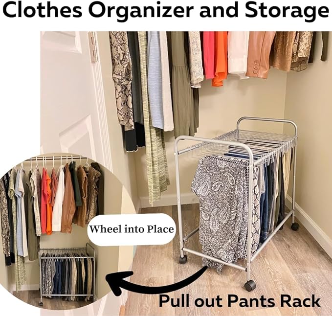Evelots Pants Rack with 20 Pants Hangers Rolling Trolley Cart - Skirt Hangers, Jean Organizer for Closet