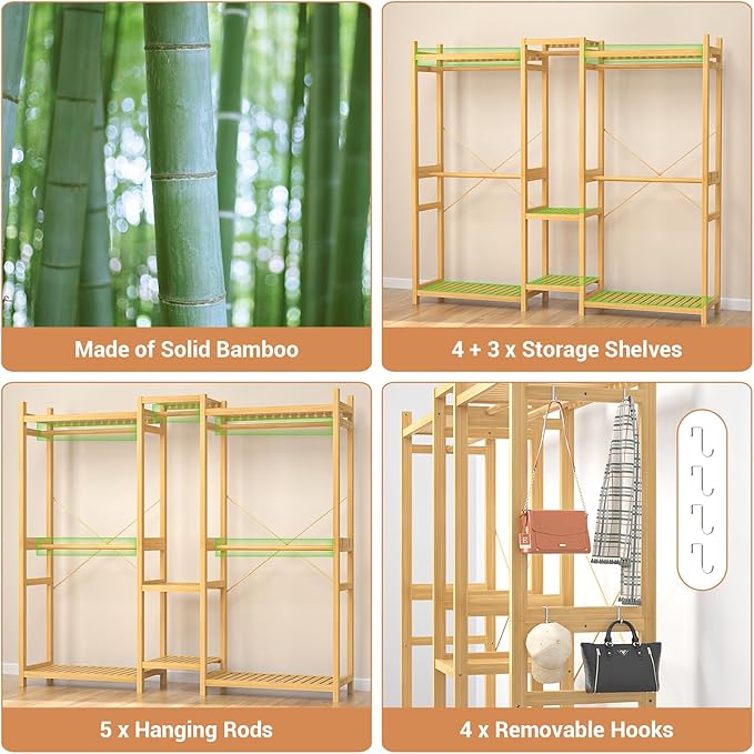 Homykic Bamboo Closet System Clothes Rack, Large Freestanding Garment Rack Clothing Rack for Hanging Clothes with 7 Storage Shelves and 5 Rods, Open Wardrobe Organizer with 4 Hooks, Natural