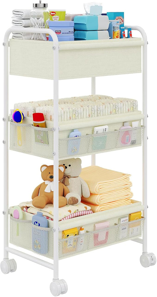3-Tier Baby Diaper Caddy Cart Organizer,Mobile Nursery Storage Carts with Wheels,With 2 Dividers&14 Mesh Pockets Durable Metal Utility Cart for Nursery, Bedroom, Bathroom, Baby Essentials Organization