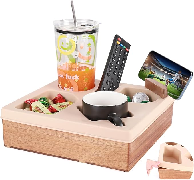 Couch Cup Holder Tray, Silicone Wooden Couch Caddy with Cup Holder for Snacks, Drinks, Remotes, Waterproof Cup Holder for Couch, Organizer, Couch Drink Holder
