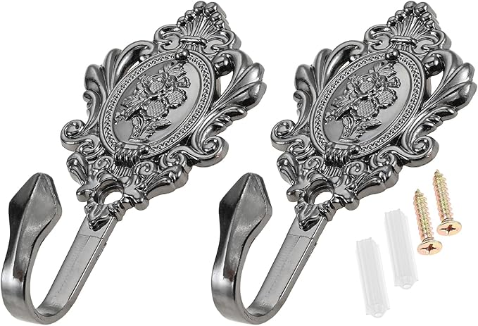 2Pcs Wall Hooks Black Pattern Carved Vintage Drapery Clothes Key Hook Bathroom Bedroom Multi-Function Decorative Hook with Screws