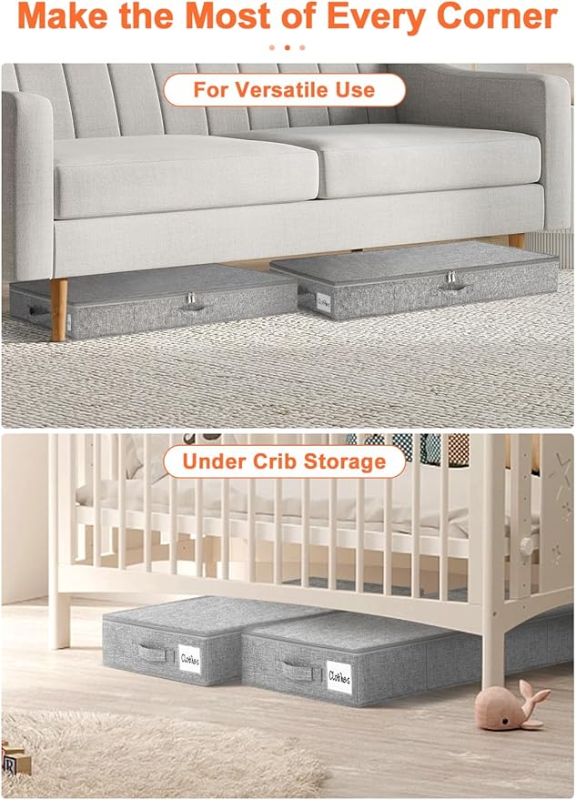 punemi 5 inches High Low Profile Under Bed Storage with Sturdy Sides & Bottom – Ideal for Under Couch, Crib, Clothes & Toy Storage, 2-Pack Grey