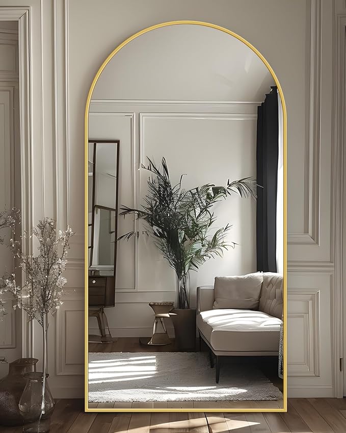 Antok Full Length Mirror, 76"x34" Floor Mirror with Stand, Hanging Mounted Mirrors for Bedroom, Living Room, Cloakroom, Dining Room, Gold, Arched