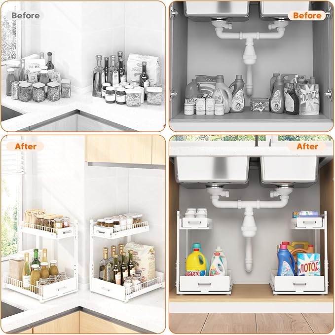 2 Pack Under Sink Organizer, 2 Tier Slide Out Cabinet Organizer with Pulley, Height Adjustable Pull Out Shelf for Kitchen, Bathroom, Laundry and Utility Storage, White