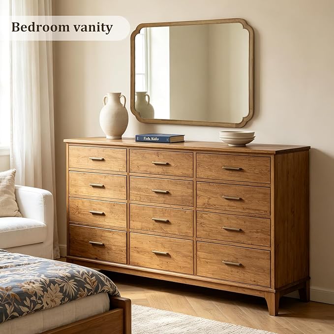 WallBeyond 36" x 48" Wood Bathroom Mirror for Wall Mounted, Rustic Rounded Corner Wood Frame Wall Mirror for Entryway, Living Room or Bedroom Home Decorative, Natural