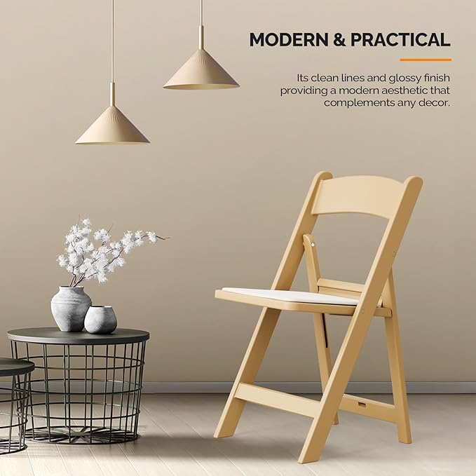 VINGLI Resin Folding Chairs with Cushion, Foldable Plastic Chair with Comfortable Padded Seats, Perfect for Event Party Indoor Outdoor, Natural, 2 PC