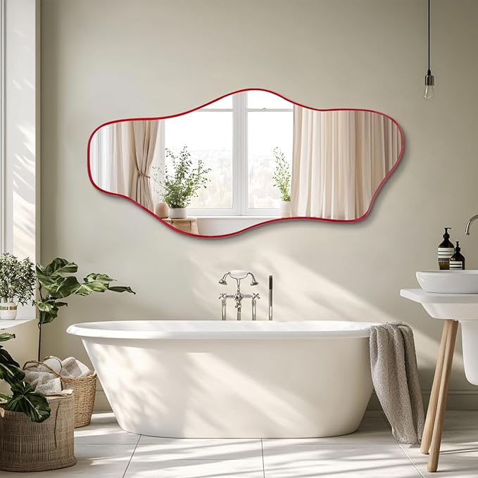 Large Irregular Mirror, 63"x30" Asymmetrical Tempered Glass Wall Mirror, Red Modern Organic Frameless Mirrors for Living Room Bedroom Hallway Entryway, Horizontal or Vertical Hanging