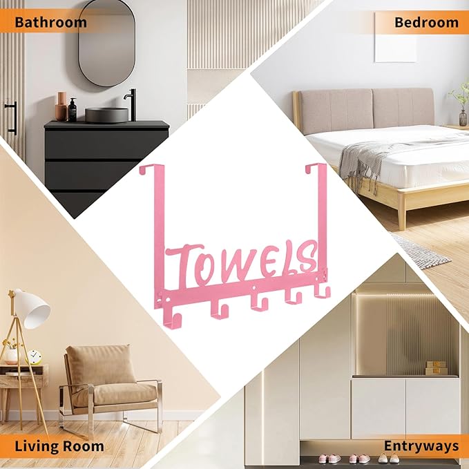 Gohiuo Over the Door Hook, Towel Holder Towel Hook for Bathroom, Towel Hanger Door Rack with 5 Coat Hooks, Over the Door Hanger Towel Rack for Bathroom, Bedroom Towels Coats(Pink)