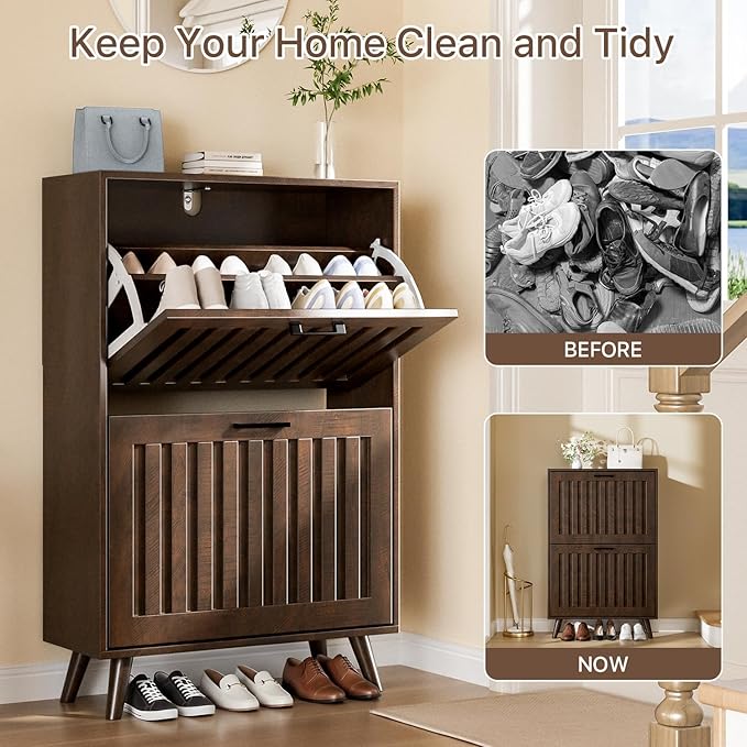 Shoe Storage Cabinet with 2 Flip Drawers, Modern Freestanding Organizer with Adjustable Shelf, Narrow Shoe Rack Cabinet for Entryway, Walnut