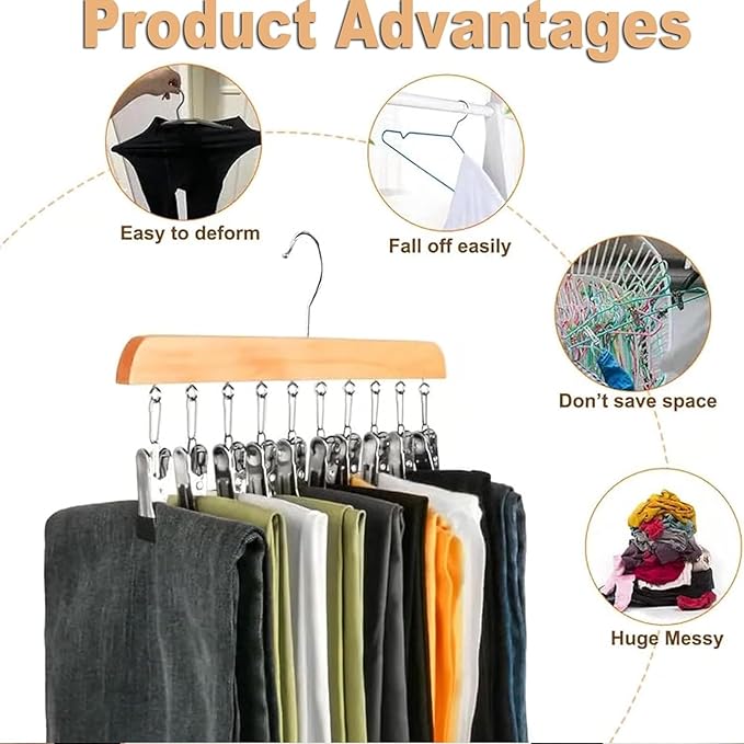 2Pcs Closet Organizer with 10 Clips, 360° Rotating Metal Hanger Clips with Silicone Lining, Space Saving Hanging Closet Organizer, Multi-Purpose Storage Hanger for Jeans Skirts Socks, Vintage Style