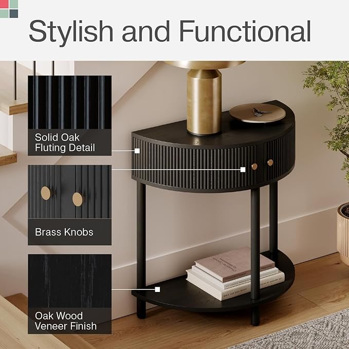 Stead Entryway Table Fluted Half Moon Console - Semicircular, Black Oak Veneer - Hidden Storage with Two Fluted Doors & Brass Knobs - Modern Narrow Console Table for Living Room & Hallway