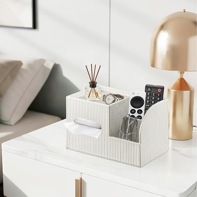 Modern PU Leather Cube Tissue Box Cover with Storage Tray, Multifunctional Remote Control Holder & Facial Tissue Dispenser Organizer for Nightstand, Bathroom, Bedroom, Office & Home Decor