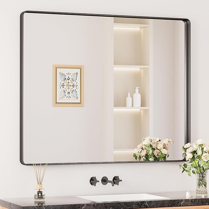 Keonjinn Black Bathroom Mirror for Over Sink, 42 x 36 Inch Large Rounded Rectangle Bathroom Vanity Mirror, Matte Black Sandblasted Finish, HD Tempered Glass, Seamless Aluminum Alloy Frame Mirror