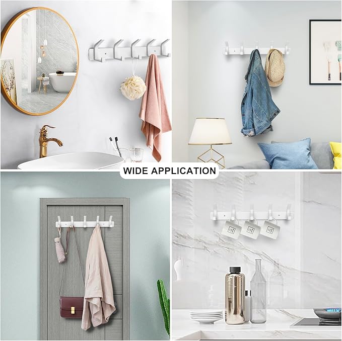 Coat Rack Wall Mounted,5 Coat Hooks for Hanging Coats,Heavy Duty Metal Double Hook Rack Hook Rail,Coat Rack with Hooks,Wall Mount Coat Hanger for Hat Towel Purse Robes,2Pack (White, 5 Hooks)