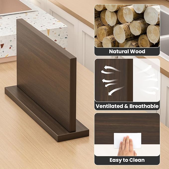 THMINS Magnetic Knife Block, 16 x 9 Inch Double-Sided Wooden Knife Holder for Kitchen Counter, Extra Large Magnetic Knife Holder and Storage Organizer