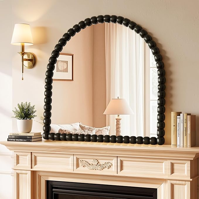 31"×32" Bronze Arched Bathroom Vanity Mirror, Vintage Beaded Decorative Wall Mounted Makeup Mirror, as Wall Decor Hanging Leaning for Fireplace Mantle, Living Room, Bedroom, Vanity Area