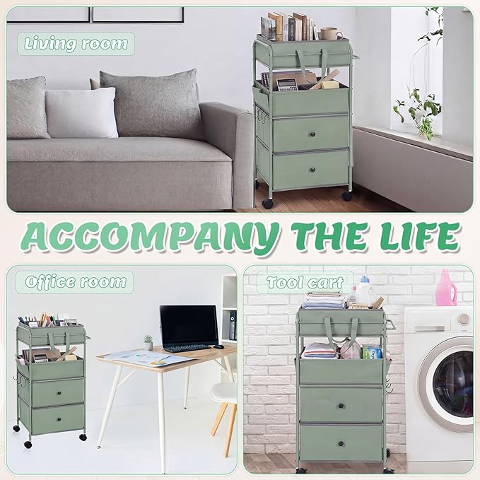 FoldTier 3In1 Baby Diaper Caddy Organizer Cart 4 Tier Large Capacity Metal Utility Bedside Rolling Cart with Divider Newborn Registry Nursery Essential Must Have Bedroom Gift Baby Shower (Green)