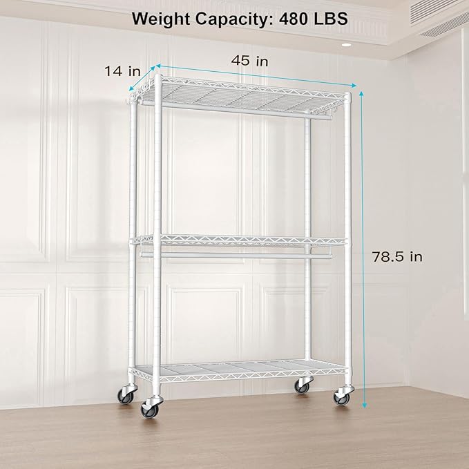 FUTASSI P3 Plus Rolling Clothes Rack, Clothing Racks for Hanging Clothes, Heavy Duty Garment Rack with Wheels, Freestanding Portable Closet Racks 45" W x 14" D x 78.5" H, Max Load 480 LBS, White