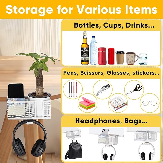 4 in 1 Metal Clip On Cup Holder Attachment for Gaming Desk or Table, Fits up to 40oz Cups, Sturdy and Easy to Clamp, Attachable Anti-Spill Cup Holder for Chair, Bedside, Bottles, Drinks - White