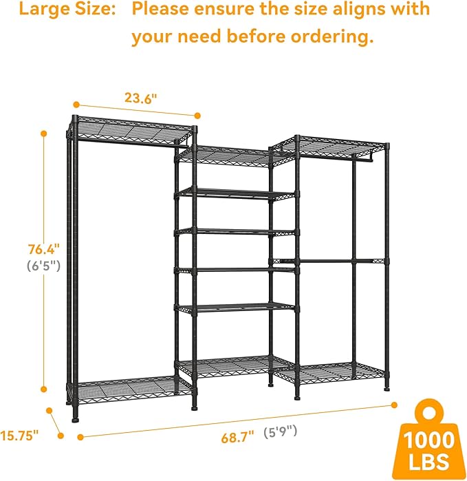 Higeego H12 Heavy Duty Clothes Rack with Adjustable 5-Tier Shoe Rack, Freestanding Clothing Racks for Hanging Clothes, Metal Shoe Organizer Large Closet Racks, 15.7" D x 68.7" W x 76.4" H, Black