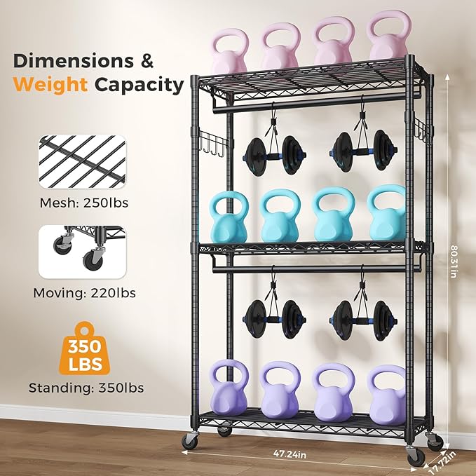 OLIXIS Clothes Rack Heavy Duty Adjustable Garment Clothing Rack with Wheels, Rolling Metal Freestanding Closet Organizer for Hanging Clothes with 2 Side Hooks, Double Rods, 47"x17"x80", Black