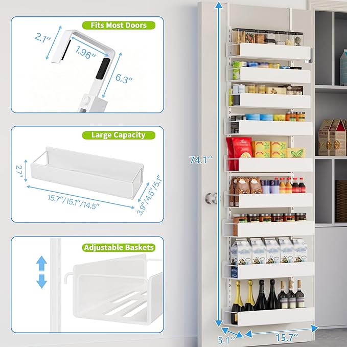 Over The Door Pantry Organizer, 9-Tier Metal Pantry Organization and Storage, Hanging Door Spice Rack Shelves, Home & Kitchen Organization, Laundry & Bathroom Essentials, White