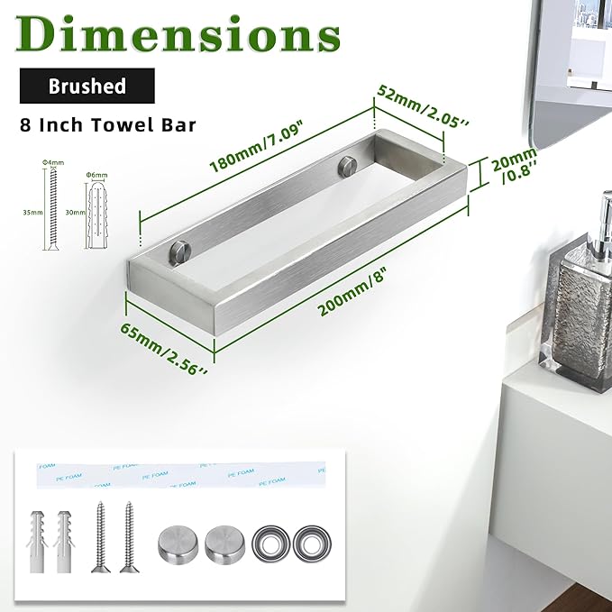 Alise 8 Inch Hand Towel Holder Towel Bar for Bathroom Wall Mount,Brushed Towel Hanger Towel Rack for Bathroom Lavatory,SUS304 Stainless Steel Towel Rail Towel Rod Self Adhesive or Drilling Mount