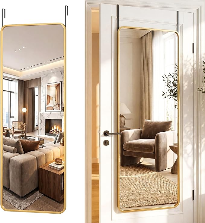 Antok 58''x 20'' Full Length Mirror Over Door, 4-in-1 Standing Leaning Wall Mounted, Adjustable Hanging Mirror for Bedroom Living Room, Gold, Rounder Corner