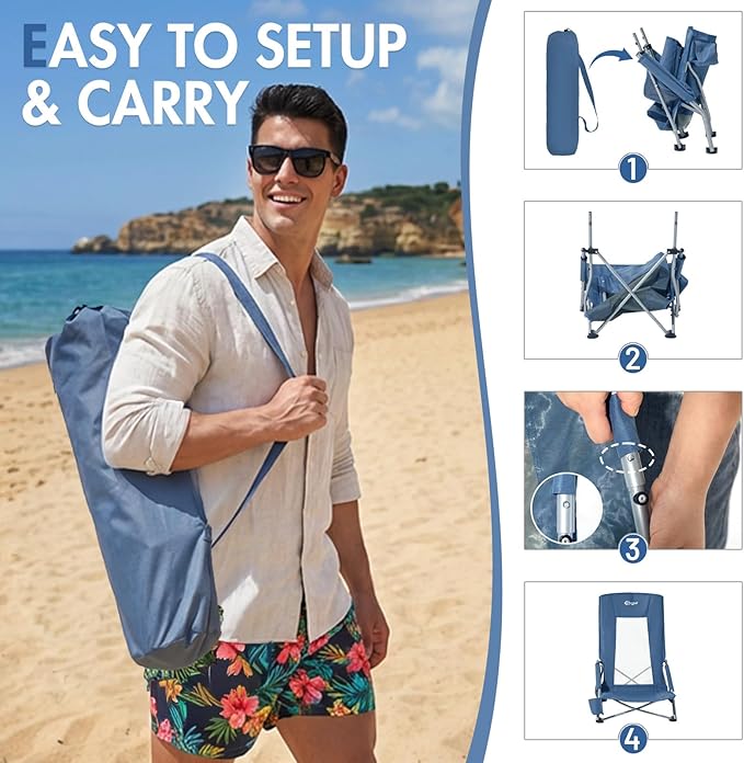 Portal High Back Beach Chair for Adults - Heavy Duty 350 lbs Folding Portable Sand Chair with Cup Holder & Side Pocket, Breathable Mesh Tall Camping Chair with Rotating Feet for Outdoor Travel Blue