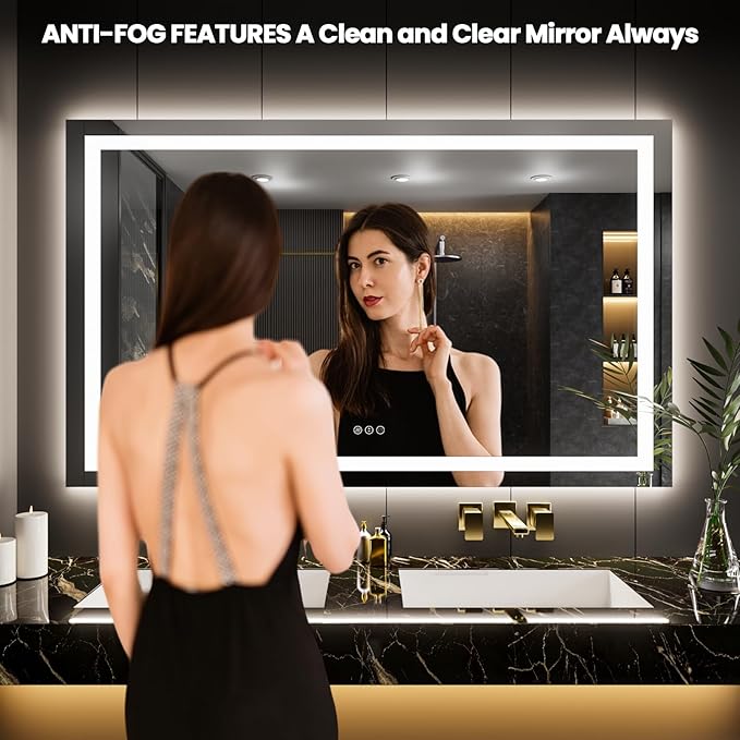 LOAAO 65"x40" LED Bathroom Mirror with Lights, Anti-Fog, Dimmable, Backlit + Front Lit, Lighted Bathroom Vanity Mirror for Wall, Memory Function