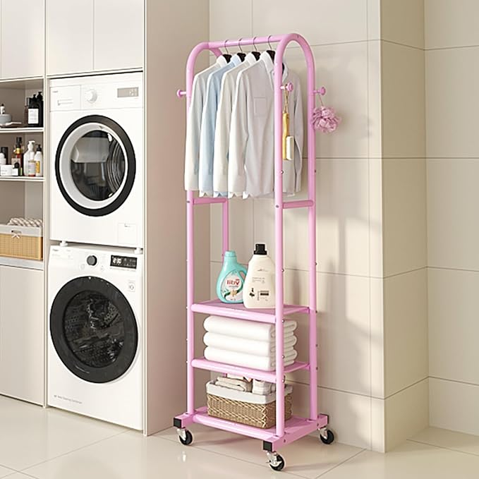 Dttwacoyh Hall Tree with Wheels and Hanging Hooks, Entryway Clothing Rack with Shoe Shelves,Pink Decorative Freestanding Metal Garment Rack Suitable for Hallway,Bedroom and Bathroom – Pink