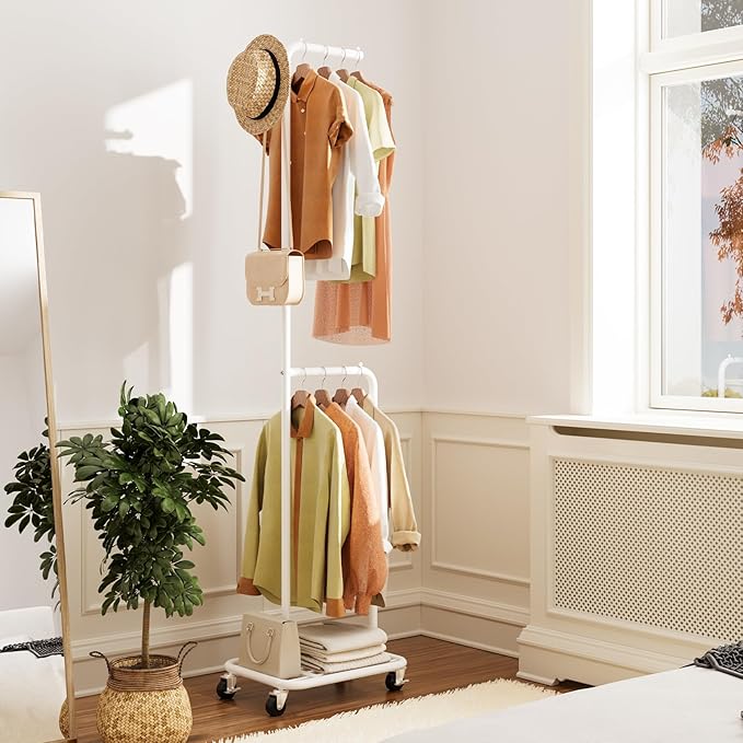 Small Clothes Rack with Wheels, 71" Portable Rolling Clothing Rack with Bottom Metal Shelf, Garment Rack with Hanging Rod, Sturdy Freestanding Coat Rack for Bedroom, Entryway, White