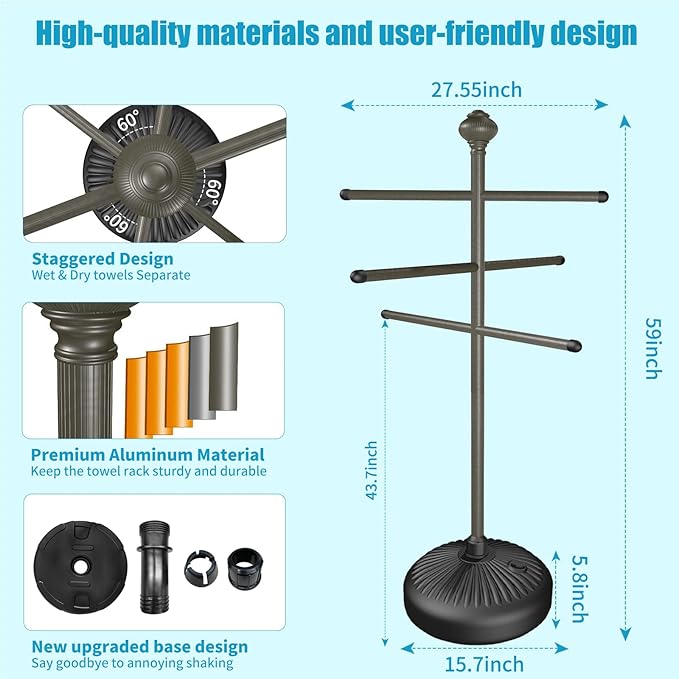 Pool Towel Rack Outdoor, 59" Aluminum Towel Holder with Wide Stable Base,6 Adjustable Bars, Pool Furniture,Rustproof Towel Drying Rack for Pool, Patio, Hot Tub,& Spa – Gray