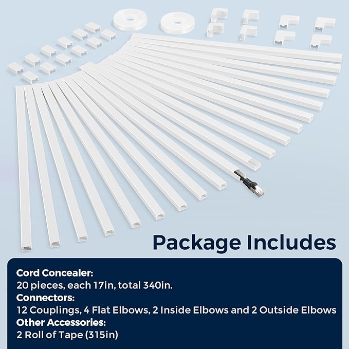 340in Cord Covers for Wires on Wall, One-Cord Wire Covers for Cords, Small White Cord Hider Wall, LZEOY Cable Raceway Wire Hider for Cords, Paintable Cable Concealer - 20x L17 W0.59in H0.4in