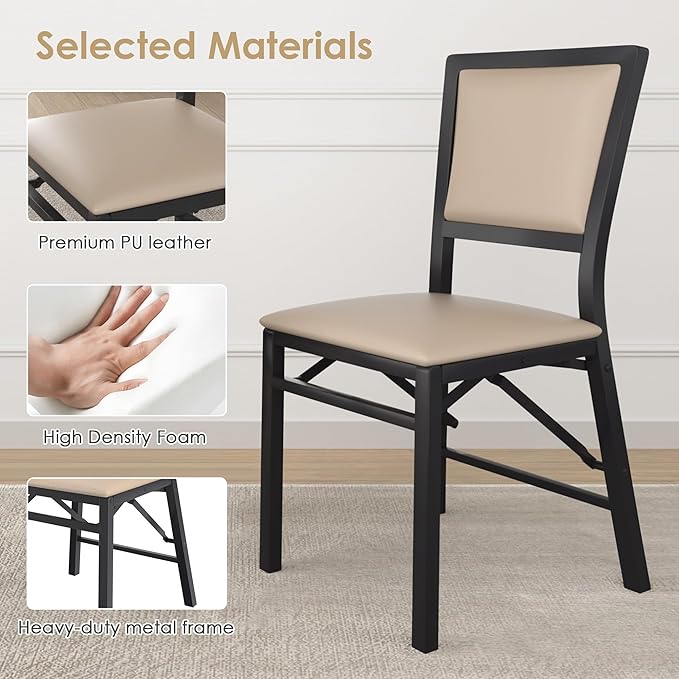 VECELO Folding Chairs Set of 4 with Cushion, Foldable Padded Seats with Heavy Duty Metal Frame for Kitchen/Dining/Living Room, No Assembly & Space Saving Design, Beige