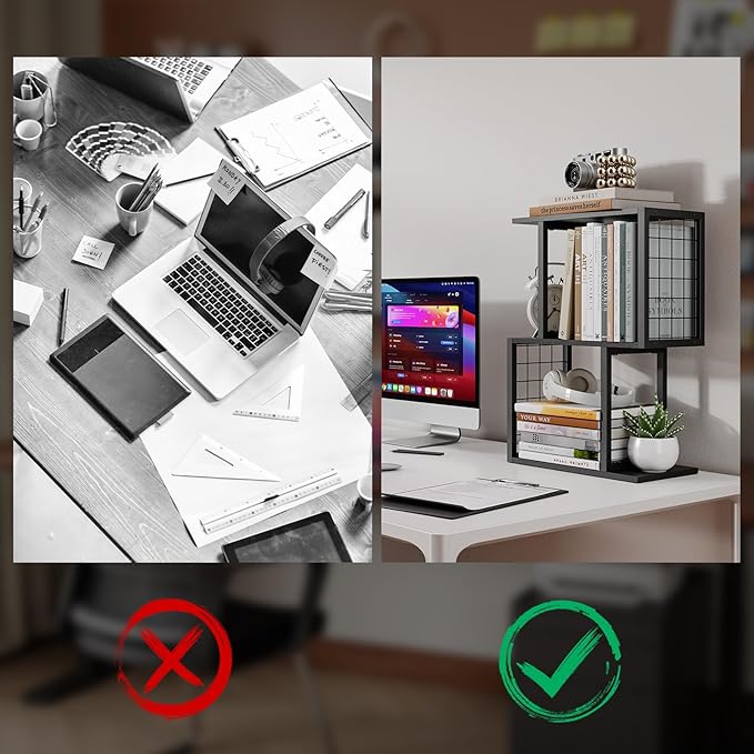 Small Bookshelf Desk Organizer，3-Tier Shelf for Top of Desk Workspace Organizers for Office Accessories, Black