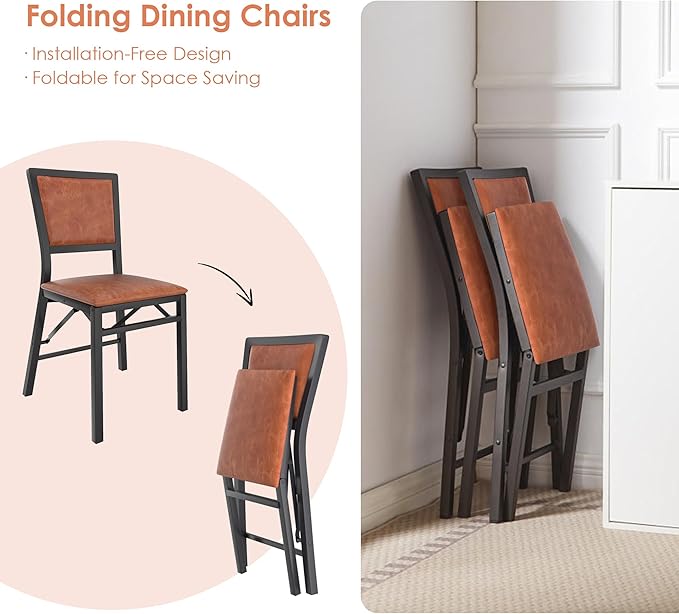 VECELO Folding Chairs Set of 2 with Cushion, Foldable Padded Seats with Heavy Duty Metal Frame for Kitchen/Dining/Living Room, No Assembly & Space Saving Design, Chestnut Brown