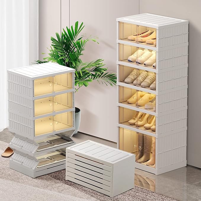 CIMLORD 6-Tier Foldable Shoe Rack Organizer for Closet 12Pairs Plastic Shoe Shelf Collapsible Shoes Storage Box Clear Shoe Boxes Stackable with Door Easy Assembly Shoe Cabinet with Lids Large