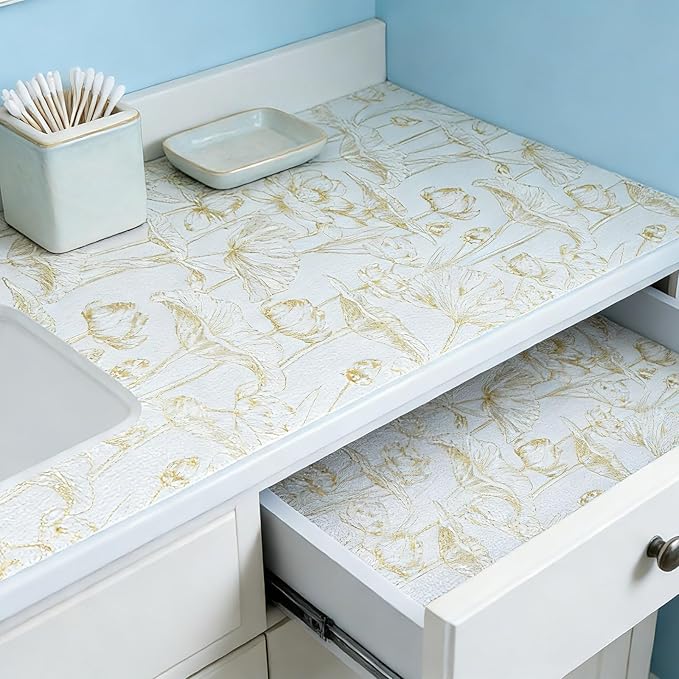 Shelf Liners Non Adhesive Light Base Gold Lotus Pattern - Thickened Non-Slip Easy to Clean Drawer Liner for Kitchen Cabinets, Tool Box, Refrigerator, with Knife & Tape Measure, 17in x 20FT