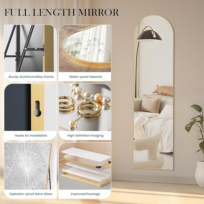 NEWBULIG 59.1"x15.7" Arched Full Length Mirror, Full Body Floor Mirror with Aluminum Alloy Thin Frame, Wall or Standing Mirror for Bedroom, Living Room, Dressing Room, Gold