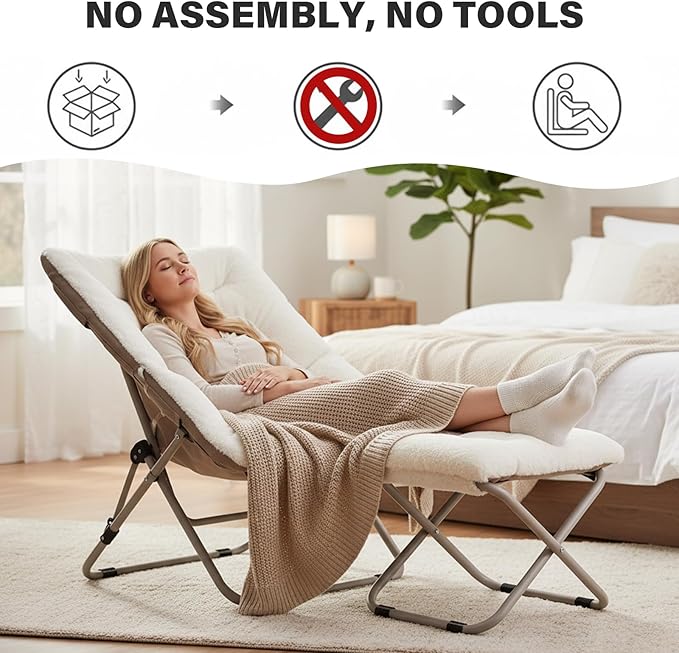 Tiita Folded Chair with Straight Ottoman, Soft Faux Fur Oversized Folding Accent Chair,Lazy Chair, Metal Frame Moon Chair for Bedroom, Living Room, Dorm Rooms, Garden and Courtyard, Beige