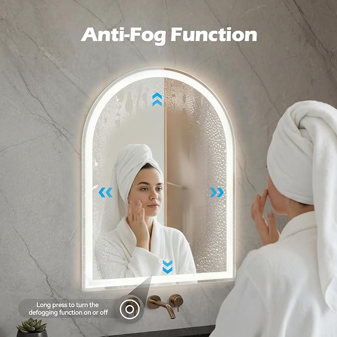 Sweetcrispy 20“×28” LED Bathroom Backlit Mirror with Lights, Arched Lighted Bathroom Vanity Mirror with Anti-Fog, Dimmable, 3-Color Light, Memory Function, Tempered Glass, Water-Proof Design