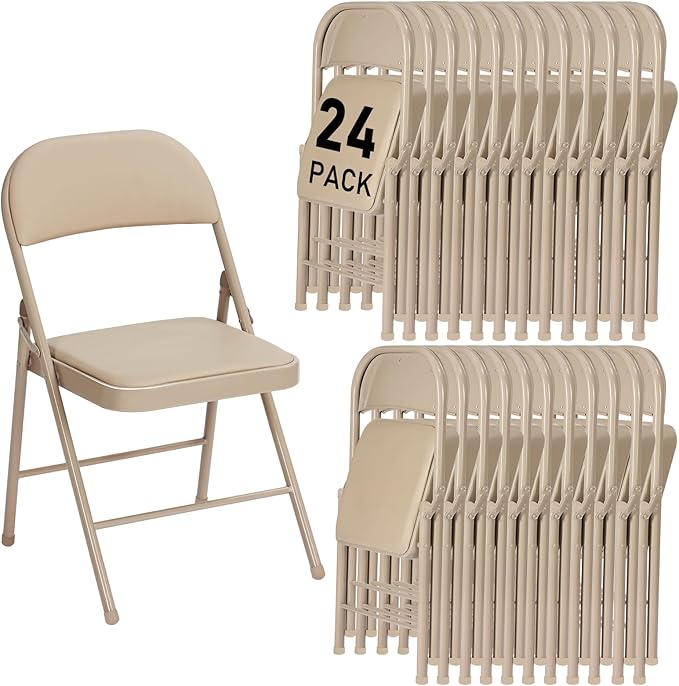 24 Pack Khaki Folding Chairs with Padded Cushion and Back for Outside Portable Stackable Commercial Foldable Chairs with Steel Frame for Events Office Wedding Party, 350lbs Capacity