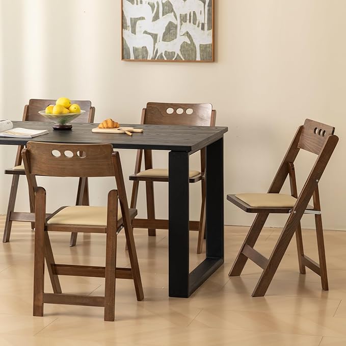 Wooden Folding Chair with Soft Cushion, Simple and Stylish, Comfortable and Durable, Suitable for Weddings, banquets and Events, no Assembly Required, Round Hole Fruitwood, Set of 4