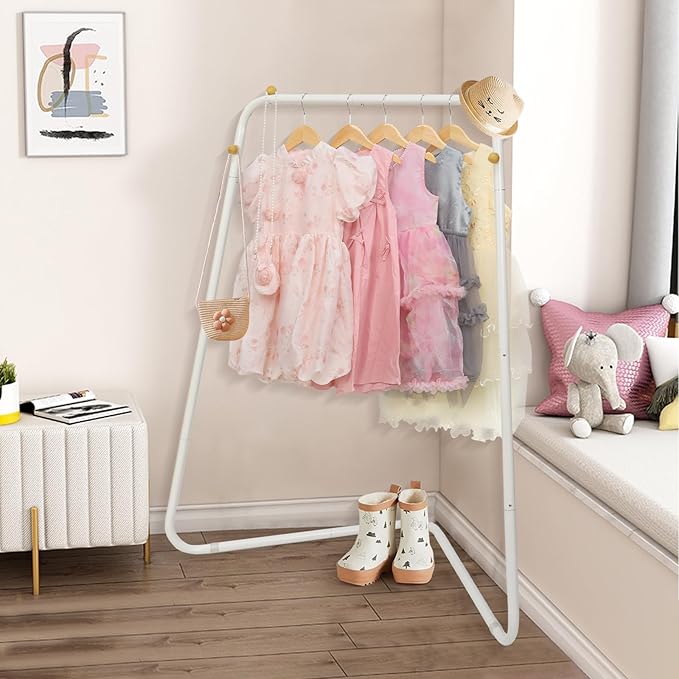YGJT Kids Clothing Corner Rack, Dress Up Storage for Little Girls with Bottom Storage Shelf, Cute Toddler Wardrobe Cloest Garment for Hanging Coat, Dance Costume, Dresses, Clothes in Bedroom, White